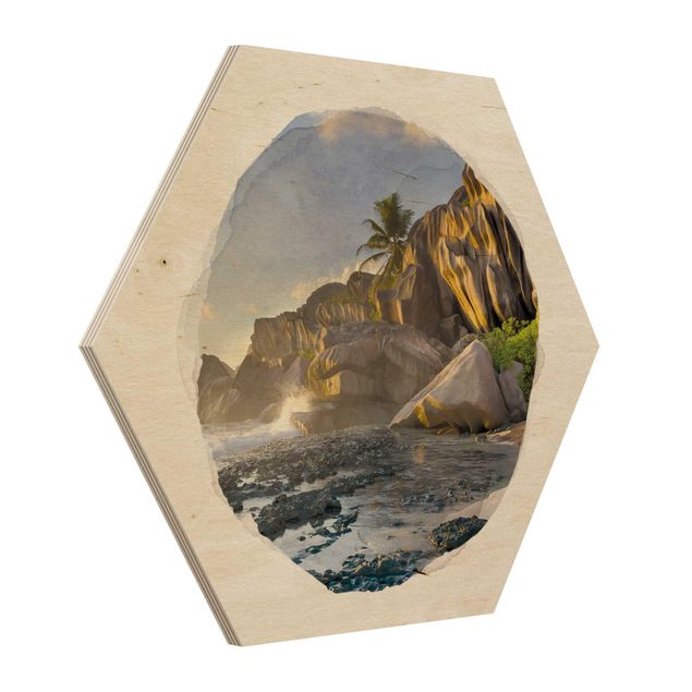 Tableaux en bois avec plage & mer Aquarelles - Coucher de soleil sur l'île du Paradis