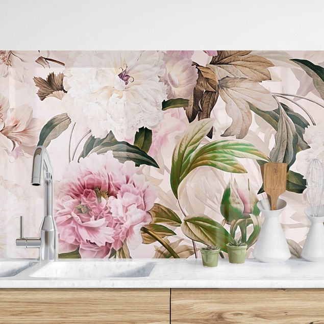 Déco murale cuisine Pivoines illustrées en rose clair