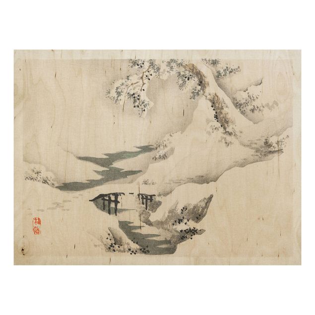 Tableaux en bois avec paysage Dessin vintage asiatique Paysage d'hiver