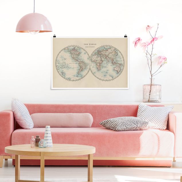 Tableau carte du monde Tableau Vintage du Monde Les Deux Hémisphères