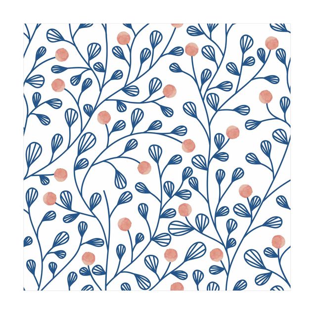 tapis floral Blue Plant Pattern With Dots In LIght Pink
