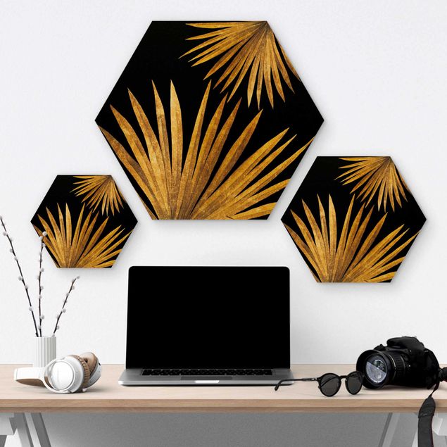 Hexagone en bois - Gold - Palm Leaf On Black