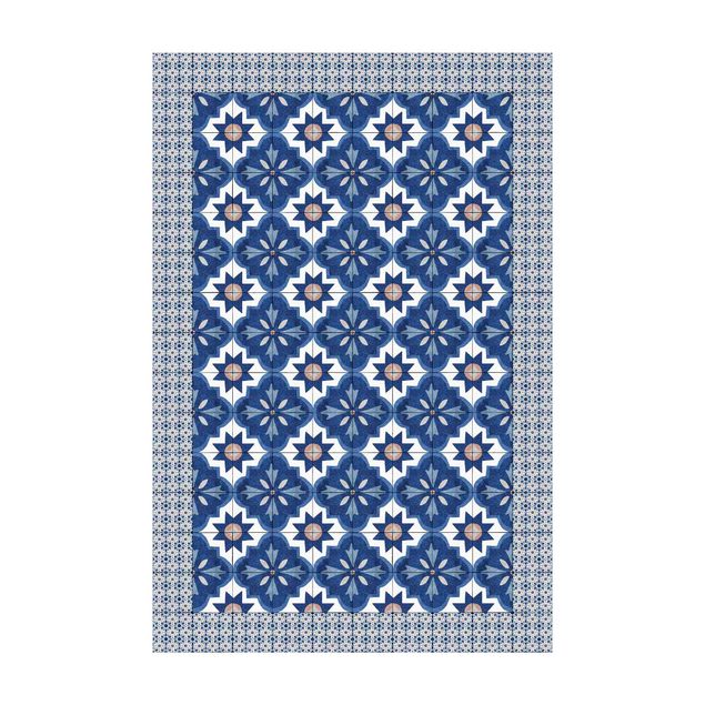 tapis contemporain Carreaux Marocains Aquarelle Bleue avec Cadre Carreaux