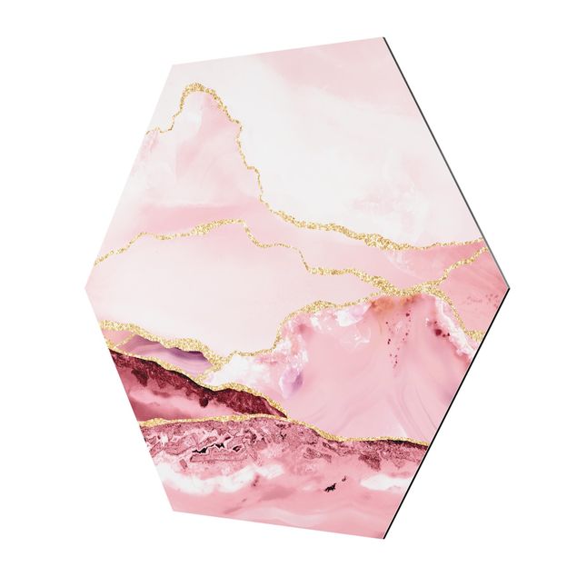Tableau couleur rose Abstract Mountains Pink With Golden Lines