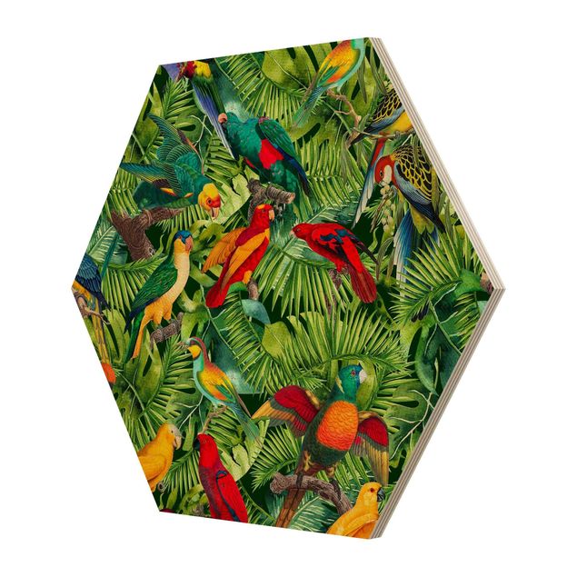 Tableau multicolore Collage coloré - Perroquets dans la jungle