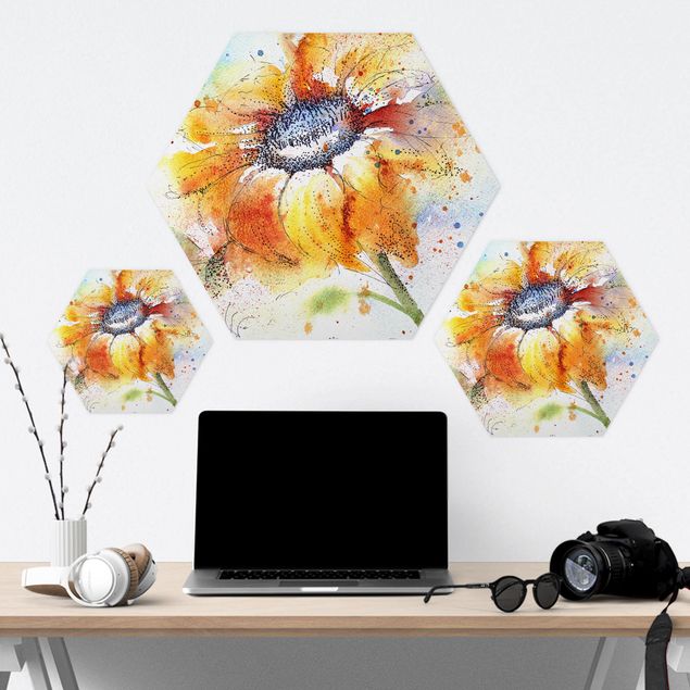 Hexagone en alu Dibond - Painted Sunflower