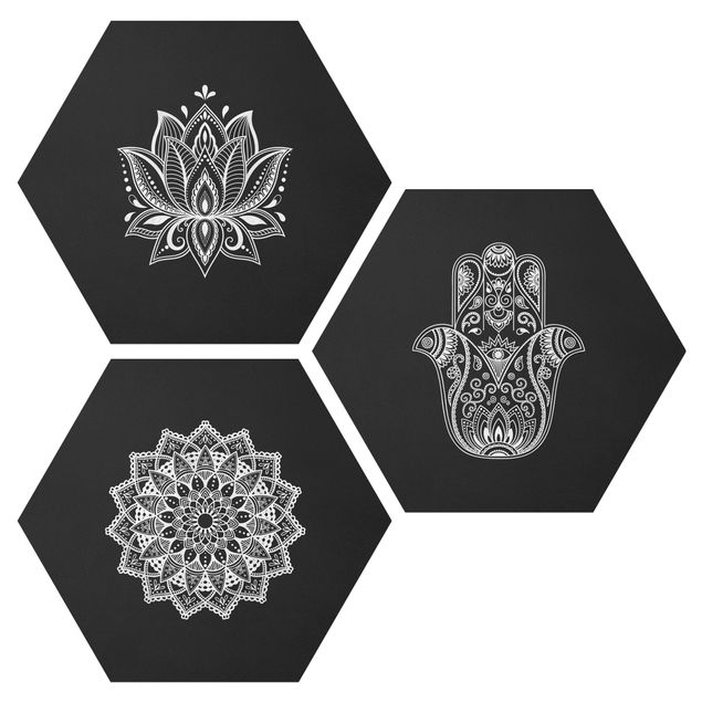 Tableaux dessins Mandala La main de Fatma Lotus Set sur Noir