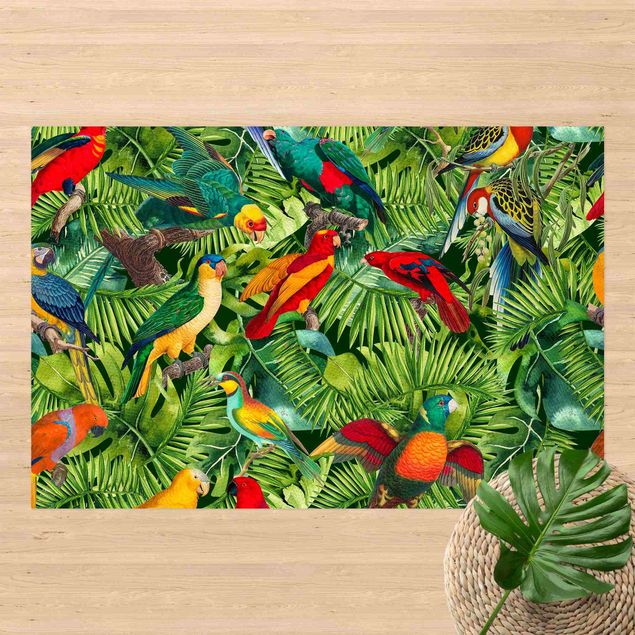 tapis extérieur jardin Collage coloré - Perroquets dans la jungle