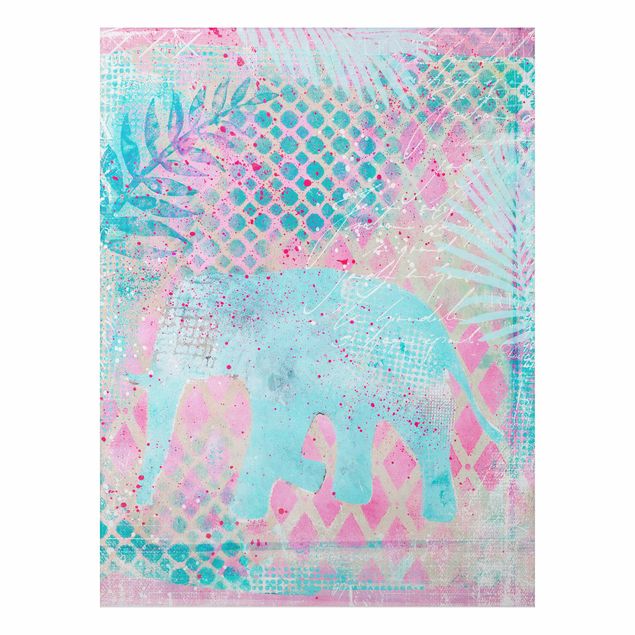 Tableau paysages Collage coloré - Eléphant en bleu et rose