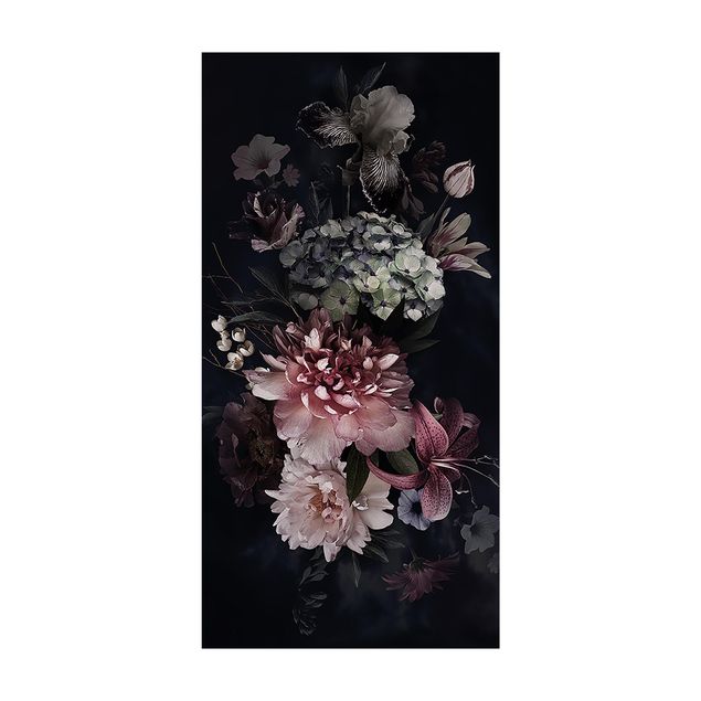 tapis salon moderne Fleurs et brouillard sur fond noir