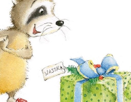 Sticker mural animaux No.684 Wassili le raton laveur - Wassili reçoit un cadeau