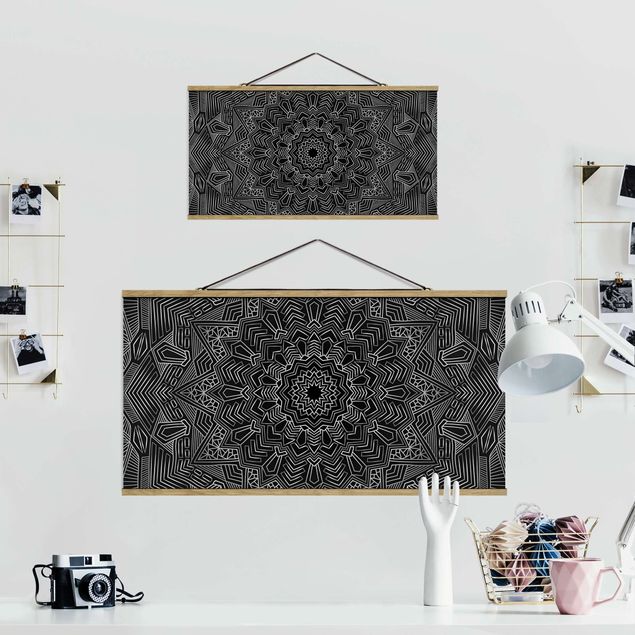 Tableau textile Mandala Étoile Motif Argent Noir