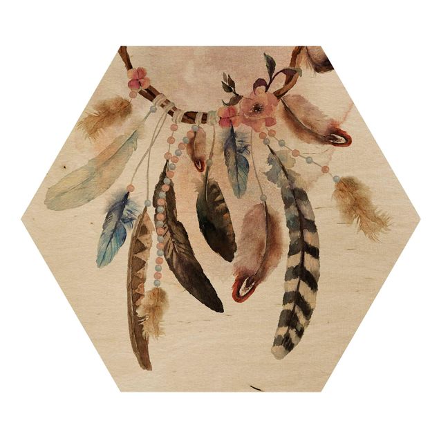 Hexagone en bois - Dream Catcher With Roses And Feathers