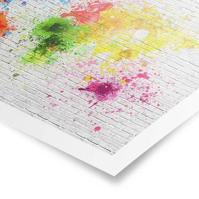 Tableaux multicolore Mur de briques blanches Carte du monde