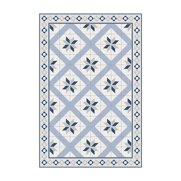 tapis modernes Carreaux Géométriques Fleurs Losanges Bleu avec Bordure