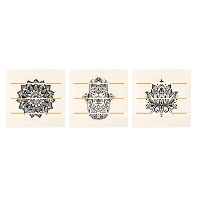 Impression sur bois - Mandala Hamsa Hand Lotus Set On White