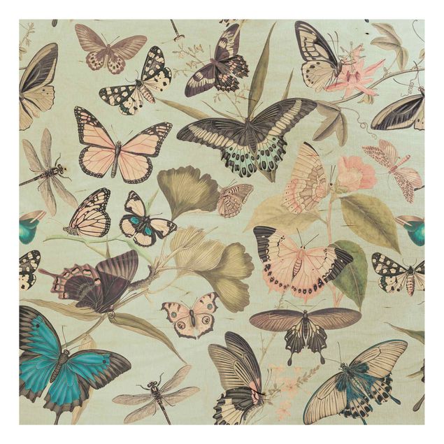 Tableaux en bois avec fleurs Collage Vintage - Papillons et Libellules