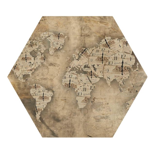 Impression sur bois Horloges shabby - Carte du Monde