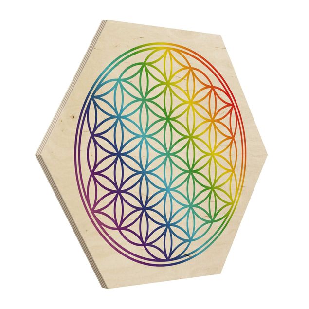 Hexagone en bois - Flower of Life rainbow color