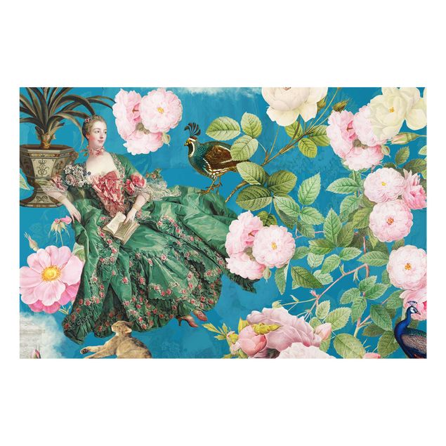 Fonds de hotte Robe opulente dans un jardin de roses, sur fond bleu