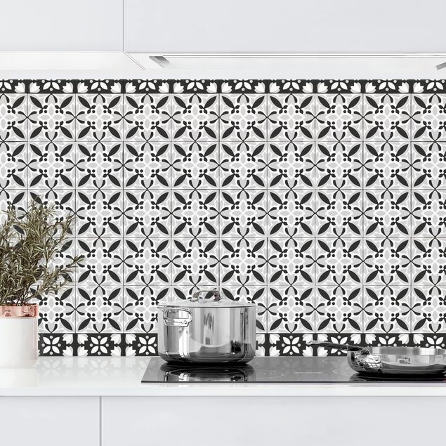 Déco murale cuisine Mélange de carreaux géométriques fleurs Noir