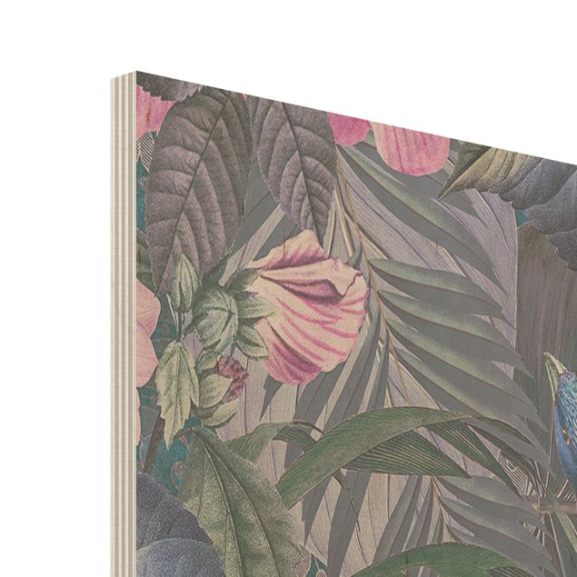 Tableaux bois Collage coloré - Flamants roses dans la jungle