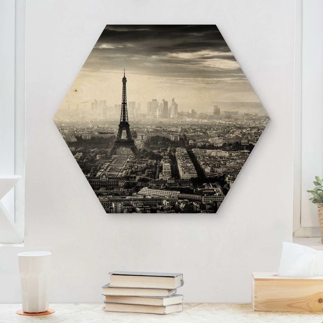 Tableau décoration La Tour Eiffel vue du ciel en noir et blanc