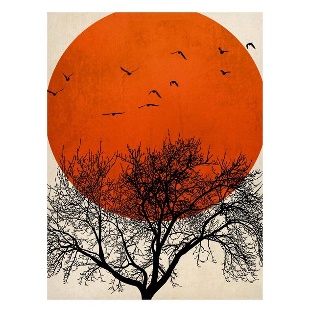 Tableaux paysage Volée d'oiseaux devant un soleil rouge II