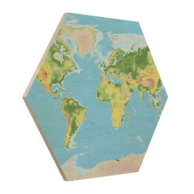 Hexagone en bois - Physical World Map
