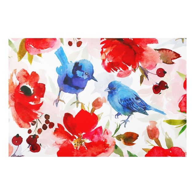 Tableaux de Uta Naumann Oiseaux Aquarelle En Bleu Et Rose