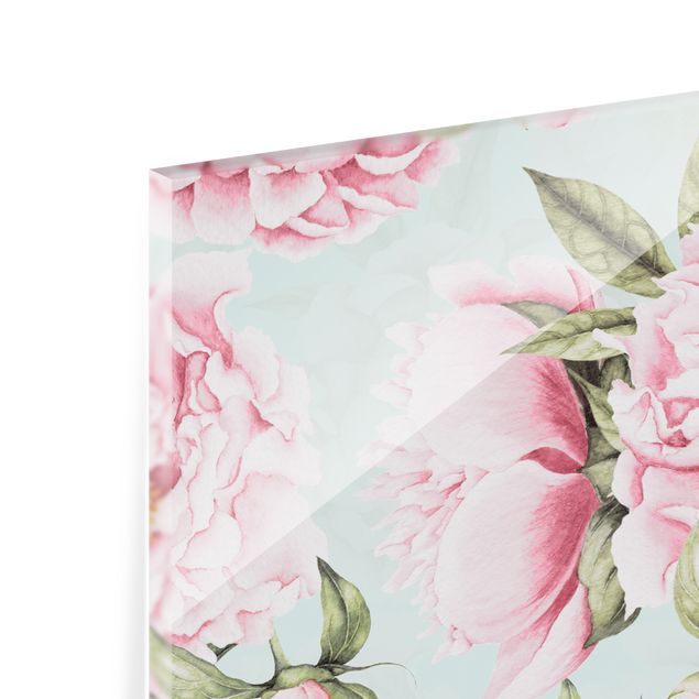 Fonds de hotte - Pink Flowers On Mint Green In Watercolour - Format paysage 1:1