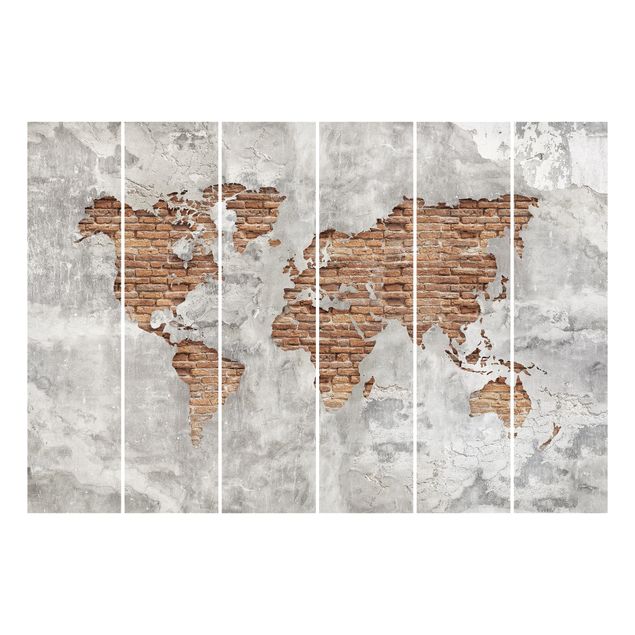 Panneaux coulissants effet pierre et bois Carte du Monde en Brique de Béton Shabby