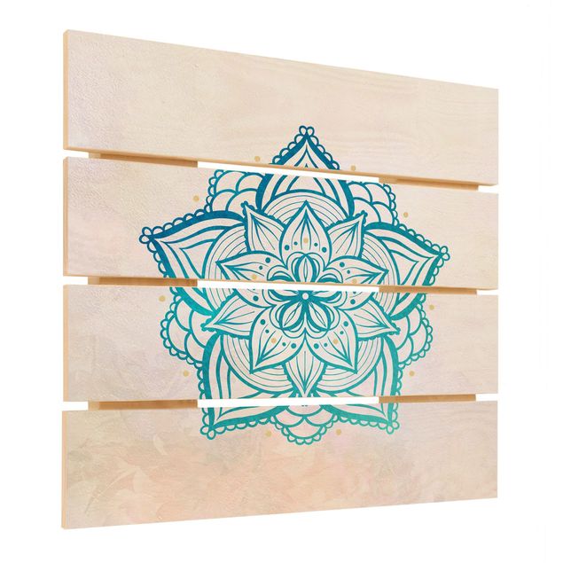 Impression sur bois - Mandala Hamsa Hand Lotus Set Gold Blue