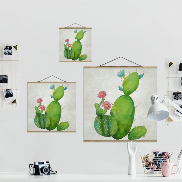 Tableau décoration Famille de cactus en rose et turquoise