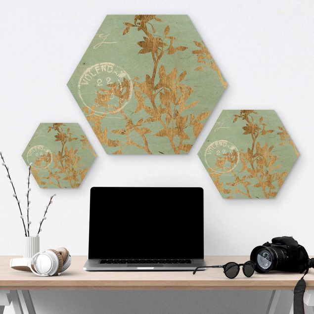 Hexagone en bois - Golden Leaves On Turquoise II