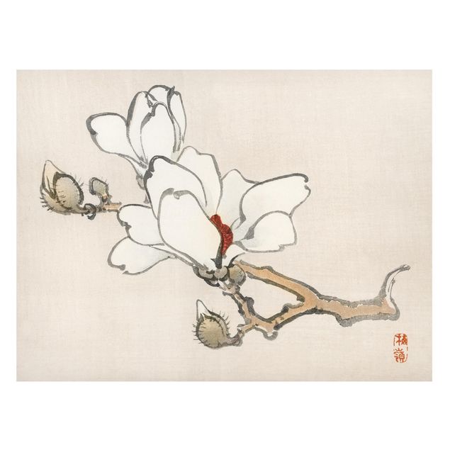 Tableaux magnétiques avec fleurs Dessin vintage asiatique Magnolia blanc