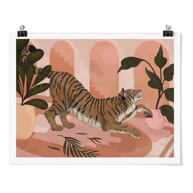 Tableau animaux Illustration Tigre dans une peinture rose pastel