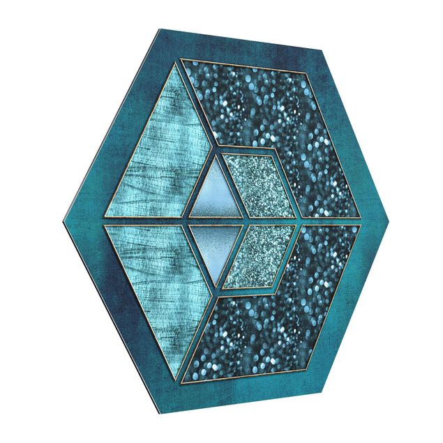 Tableaux reproduction Hexagone Bleu avec Contour Doré