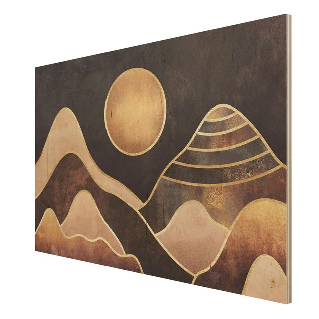 Tableaux en bois avec paysage Soleil Doré Montagnes Abstraites