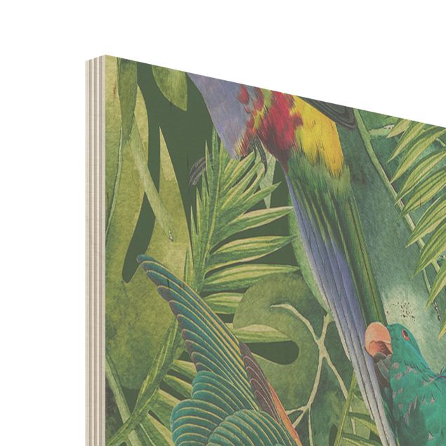 Tableaux en bois Collage coloré - Perroquets dans la jungle