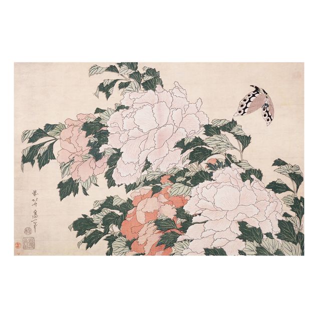 crédence cuisine en verre Katsushika Hokusai - Pivoines roses avec papillon