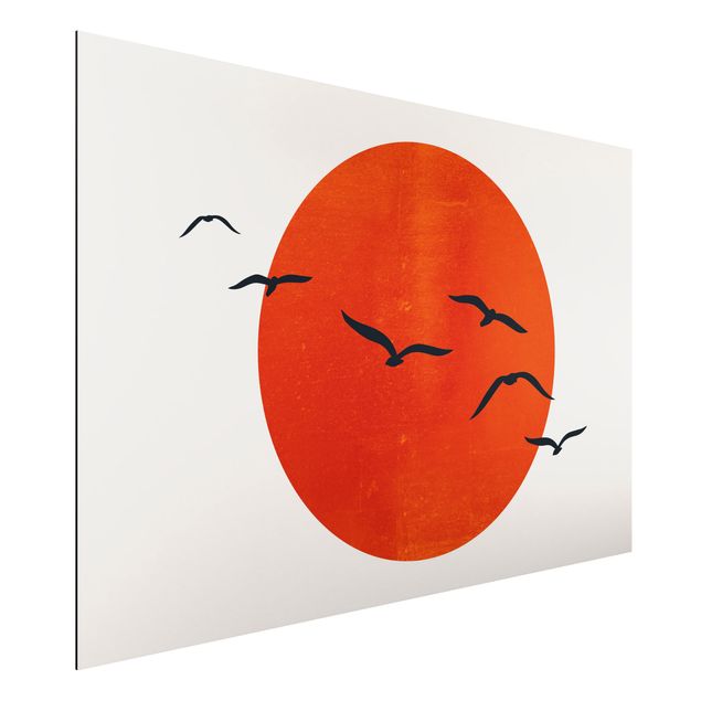 Déco murale cuisine Volée d'oiseaux devant le soleil rouge I