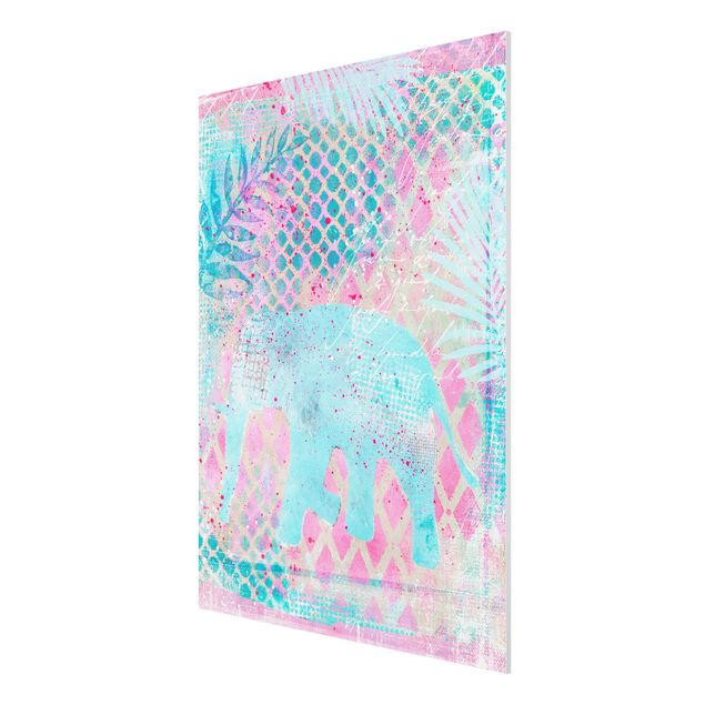 Tableau éléphants Collage coloré - Eléphant en bleu et rose