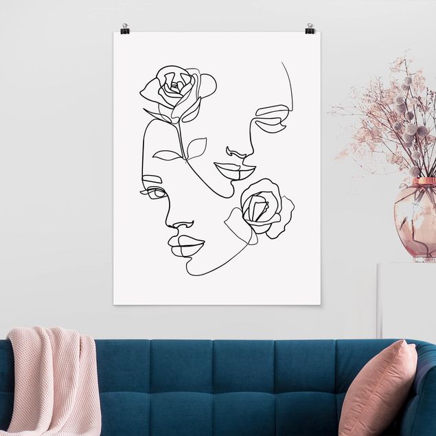 Déco murale cuisine Line Art Visages Femmes Roses Noir et Blanc