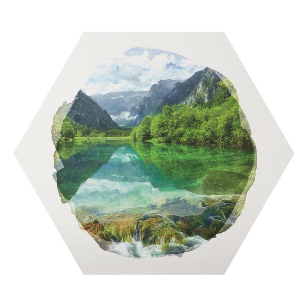 Tableaux nature Aquarelles - Lac de montagne avec reflet d'eau