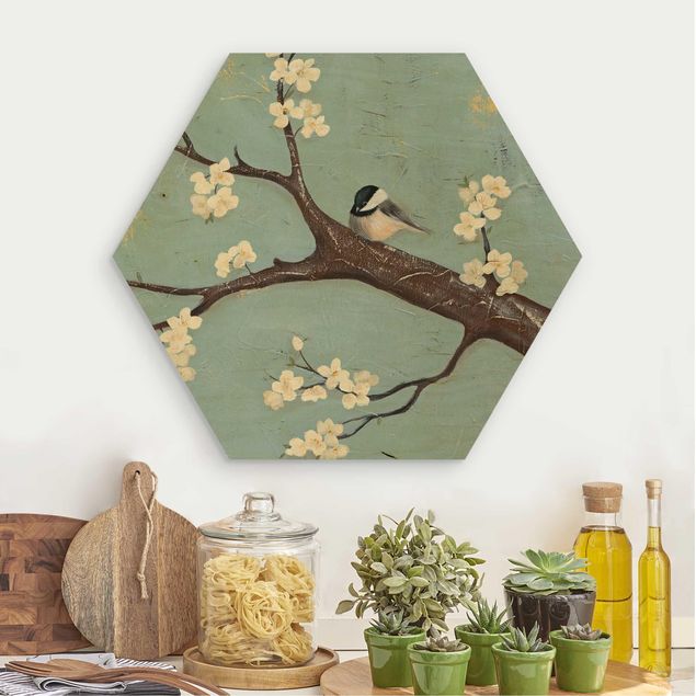 Tableaux en bois avec fleurs Mésange sur cerise