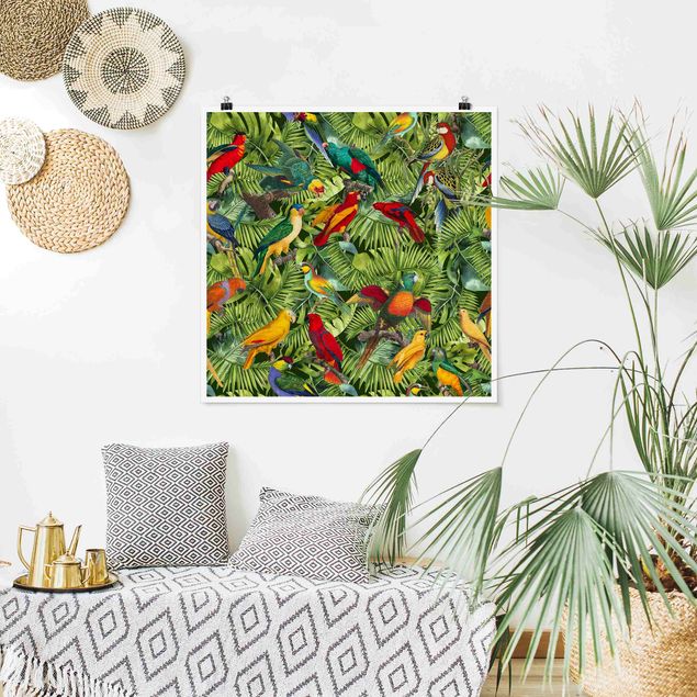 Tableau jungle tropicale Collage coloré - Perroquets dans la jungle
