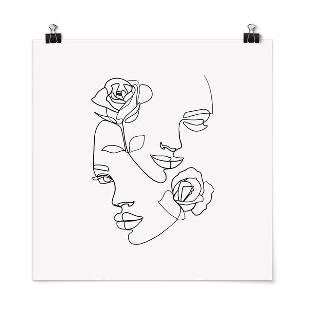 Posters en noir et blanc Line Art Visages Femmes Roses Noir et Blanc