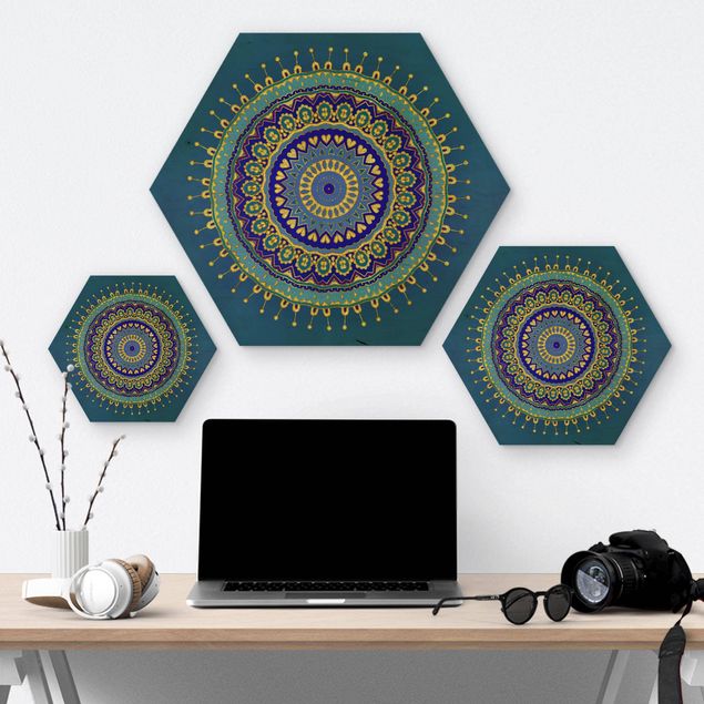 Hexagon Picture Wood - Mandala Blue Gold