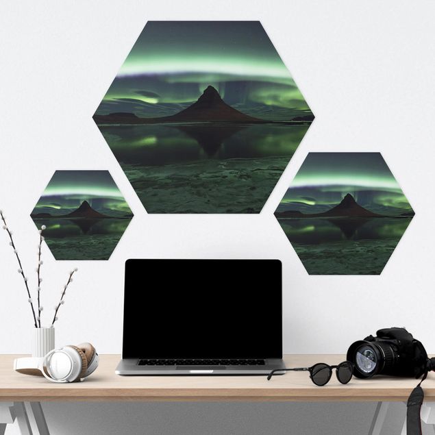 Tableau hexagonal Aurores boréales en Islande
